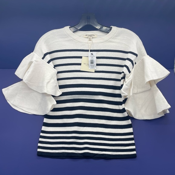 Women's Knit Sweater Bell Sleeve Black and White Striped Top Tiered XS, S, M - Picture 1 of 9